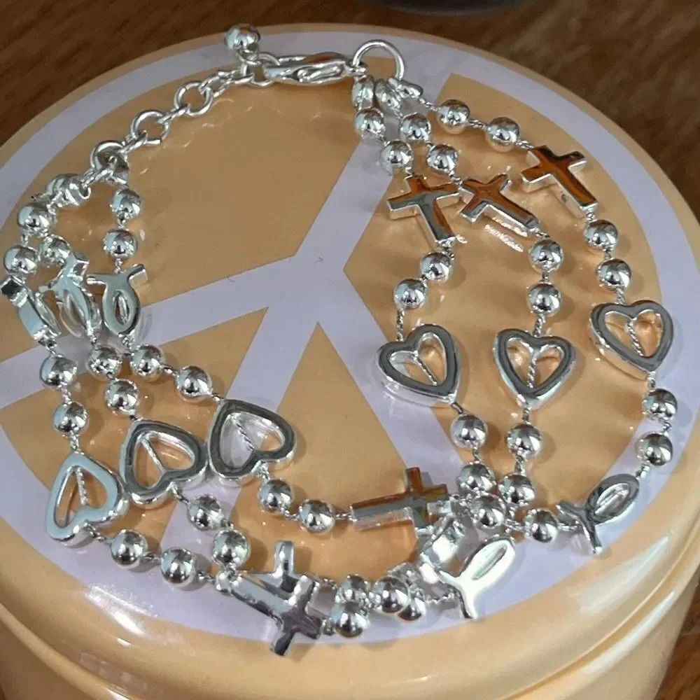 NWOT # Strand Silver Crosses & Hearts Bracelet #JW3